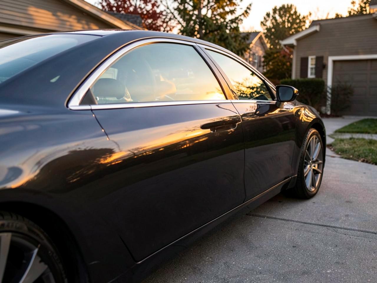 Freshly detailed dark sedan exterior in a driveway in Orem, Utah at sunset