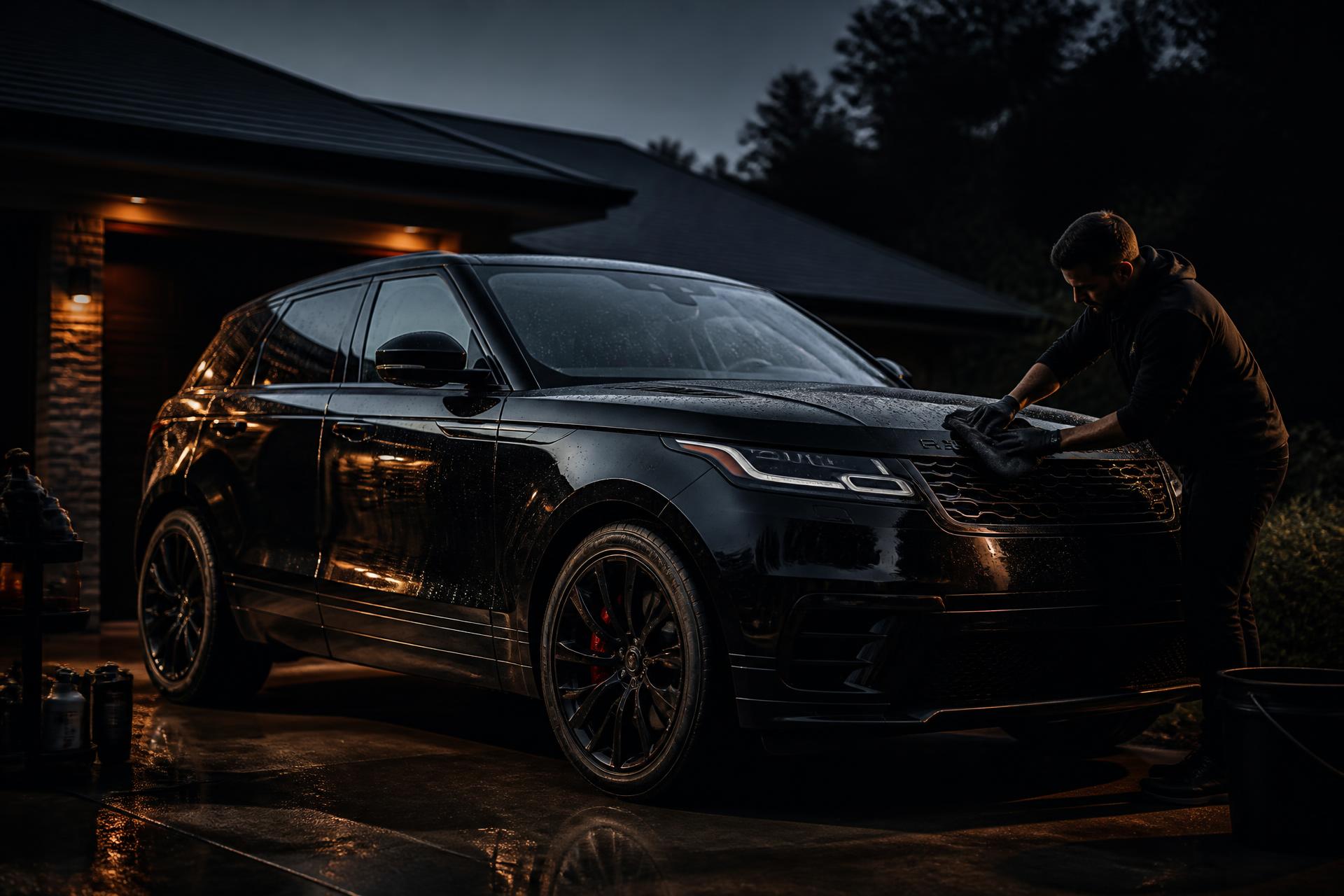 Professional mobile car detailing of a black SUV in an Orem, Utah driveway